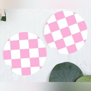 Car Coasters, Set of 2 Car Floral, Boho Trendy Coasters: Pink Checker